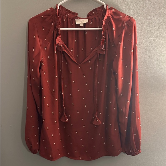 LOFT XS Burgundy Floral Tie Neck Blouse Cottagecore Boho Long Sleeve - Picture 4 of 8